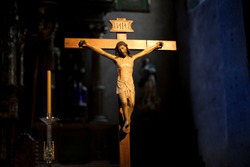 Crucifix in a church. Catholic religion concept.