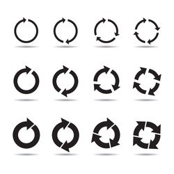 Set of different black vector arrows refresh, reload and process. Usable graphic elements and icons for the internet. Round arrows and isolated vector graphics.