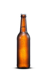 500ml brown beer bottle with drops isolated on a white background with work path