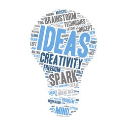 Word Cloud - Creativity, Inspiration and Ideas. word cloud about the creative process, grey, blue, white. Isolated Light Bulb Shape 