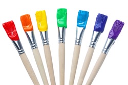 Colorful Paint Brushes with the Colors of the Rainbow, simple isolated in white shots