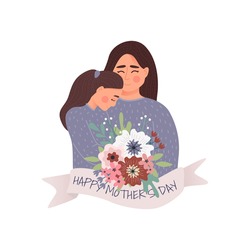 Vector Illustration Of Mother Holding Baby Son In Arms. Happy Mothers Day Greeting Card.