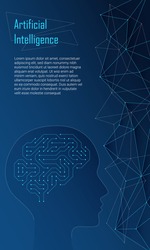 Vector illustration of a brain in the form of a computer microcircuit. Concept, artificial intelligence, high technologies of the future. Design template for web banner and social media. Copy space