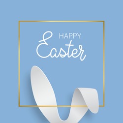 Easter greeting card with bunny ears and gold texture frame. Vector 3d abstract paper cut illustration. Copy space for text. Easter rabbit with lettering Happy Easter on blue background.