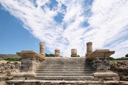 Ruins of Baelo Claudia. Staircase with remains of columns in a Roman archaeological site on the beach of Bolonia, Spain.