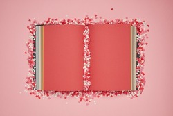 Candies hearts of pastel colors on a red book pages and pink background. Background of brightly colored candy hearts for Valentine's Day. Valentine day greeting card or banner. Shallow depth of field