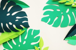 Summer Tropical leaves, plants Frame. Paper cut style. Exotic summertime. Space for text. Beautiful dark green jungle floral background. Monstera.