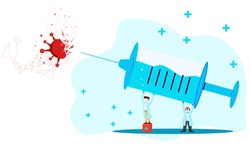 Concept killing virus, COVID-19. The two doctors were holding syringes.  injecting the virus. Vector flat style. Illustration for content kill virus, eliminate disease, health care, protection