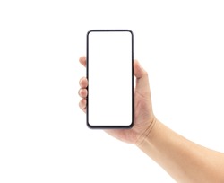 A man's hand holds a blank smartphone with a black frame.
