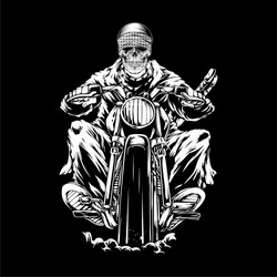 skull riding a motorcycle skull riding a motorcycle.vector hand drawing,Shirt designs, biker, disk jockey, gentleman, barber and many others.isolated and easy to edit. Vector Illustration
