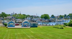 Hyannis Massachusetts Inner Harbor,USA. Photo taken from Michael K. Aselton Memorial Park.With two cute blue sheds. RELEASE ATTACHED. Public property.
