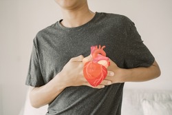 Teen boy clutching chest with heart anatomy, heart attack, heart disease, health concept