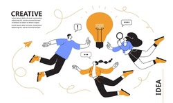 vector illustration. people moving around a bulb, a metaphor for the birth of a creative idea. Team thinking and brainstorming. Business concept analysis. graphic design idea of project activity