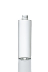 Uncapped transparent plastic bottle. Isolated white background for design mockup square top bevel