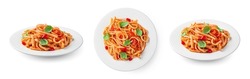 Traditional Italian linguini pasta with tomatoes and basil is isolated on a white background. A set of pasta with tomatoes in different angles.