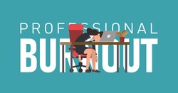 Professional burnout syndrome. Exhausted female manager at work sitting at the table with head down in front of text. Flat vector illustration, business concept of overload, tiredness.