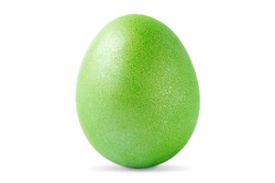 One Green Easter egg isolated on white background. Single vertical brightly painted egg for happy easter