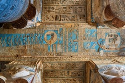 Hathor columns and colourful ceiling from the Ancient Egyptian Temple of Dendera