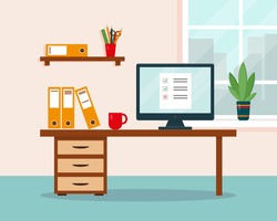 Work at home concept. Workplace with desk and computer. Home office, freelance or online working background. Vector illustration.