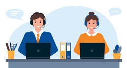 Young man and woman with headphones, microphone and computer. Customer service, support or call center concept. Vector illustration.