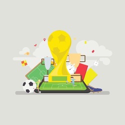 Template for football. Vector illustration of a soccer championship equipment. Trophy of the FIFA World Cup and official ball of FIFA World Cup and the green grass of the football field.