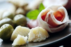 plate of italian foods like parma ham and parmesan cheese