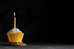 One cupcake in a paper cup with a yellow candle with flame on a dark background copy space birthday card