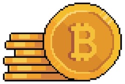 Pixel art bitcoin stacked cryptocurrency vector icon for 8bit game on white background


