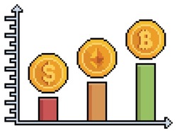 Pixel art bitcoin valuation on ethereum and dollar devaluation vector icon for 8bit game on white background
