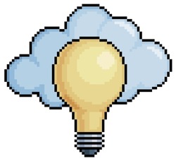 Pixel art cloud and light bulb creativity vector icon for 8bit game on white background
