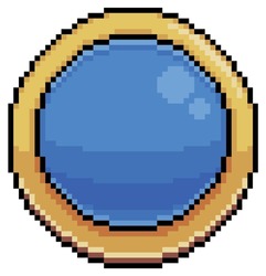 Pixel art blue round button for game and app interface vector icon for 8bit game on white background
