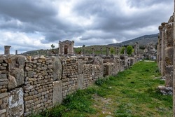 View of the Djémila ruins, formerly Cuicul, a small mountain village in Algeria, near the northern coast east of Algiers, where some of the best preserved Roman ruins in North Africa are found  
