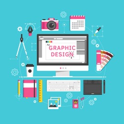 Flat design style modern vector illustration icons set of graphic designer items and tools, office various objects and equipment. Isolated on stylish color background