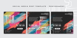 Set of black and colorful social media template. Social media post template with line art of camera design. good template for social media advertising design.