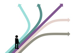 Illustration of a person standing at a crossroads (white background, vector, cut out)