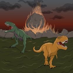 A huge meteorite flies to earth in the era of the dinosaurs. Big explosion. Meteorite colliding with the ground. Vector graphics
