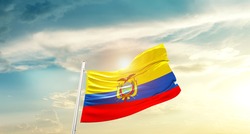 Ecuador national flag waving in beautiful clouds.
