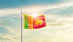 Sri Lanka national flag waving in beautiful sky.
