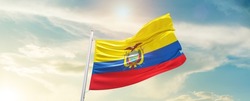 Ecuador national flag waving in beautiful sky.