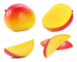 Fresh organic mango isolated on white background. Red mango fruit clipping path. Mango macro studio photo. Collection mango