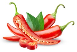Red hot chili pepper with leaves clipping path. Chili pepper isolated on white background.