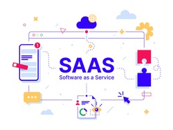 SaaS - Software as a service. Code line of programming internet application. Cloud software on computers with program code on the screen, infographic elements icon, app, virtual screens on white