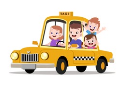 happy kids family riding taxi vector illustration