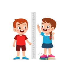 boy and girl measure height for grow progress