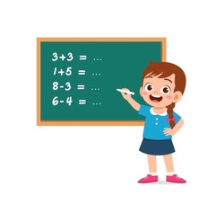 little kid solving math problem on blackboard