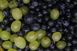 blueberries and grapes in one heap on a plate. Black wild berries mixed with green grapes.
