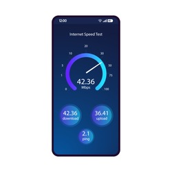 Internet speed test smartphone interface vector template. Mobile app page blue design layout. Wifi, mobile internet booster screen. Flat UI for application. Online connection check. Phone display