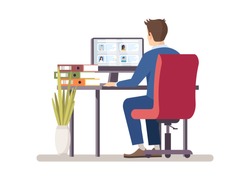 HR manager choosing applicants resume flat vector illustration. Recruiter, employer search staff, reading candidates cv on PC. Employment, recruitment service. Boss looking for personal assistant