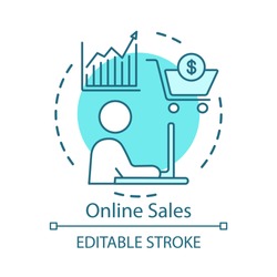 Online sales concept icon. Digital marketing idea thin line illustration. Shopping, trading. Merchandise, ecommerce, store service. Salesman, marketer. Vector isolated outline drawing. Editable stroke