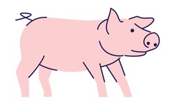 Cute pink pig side view flat vector illustration. Livestock farming, domestic animal husbandry design element with outline. Pork meat production logo. Cartoon piglet, swine isolated on white